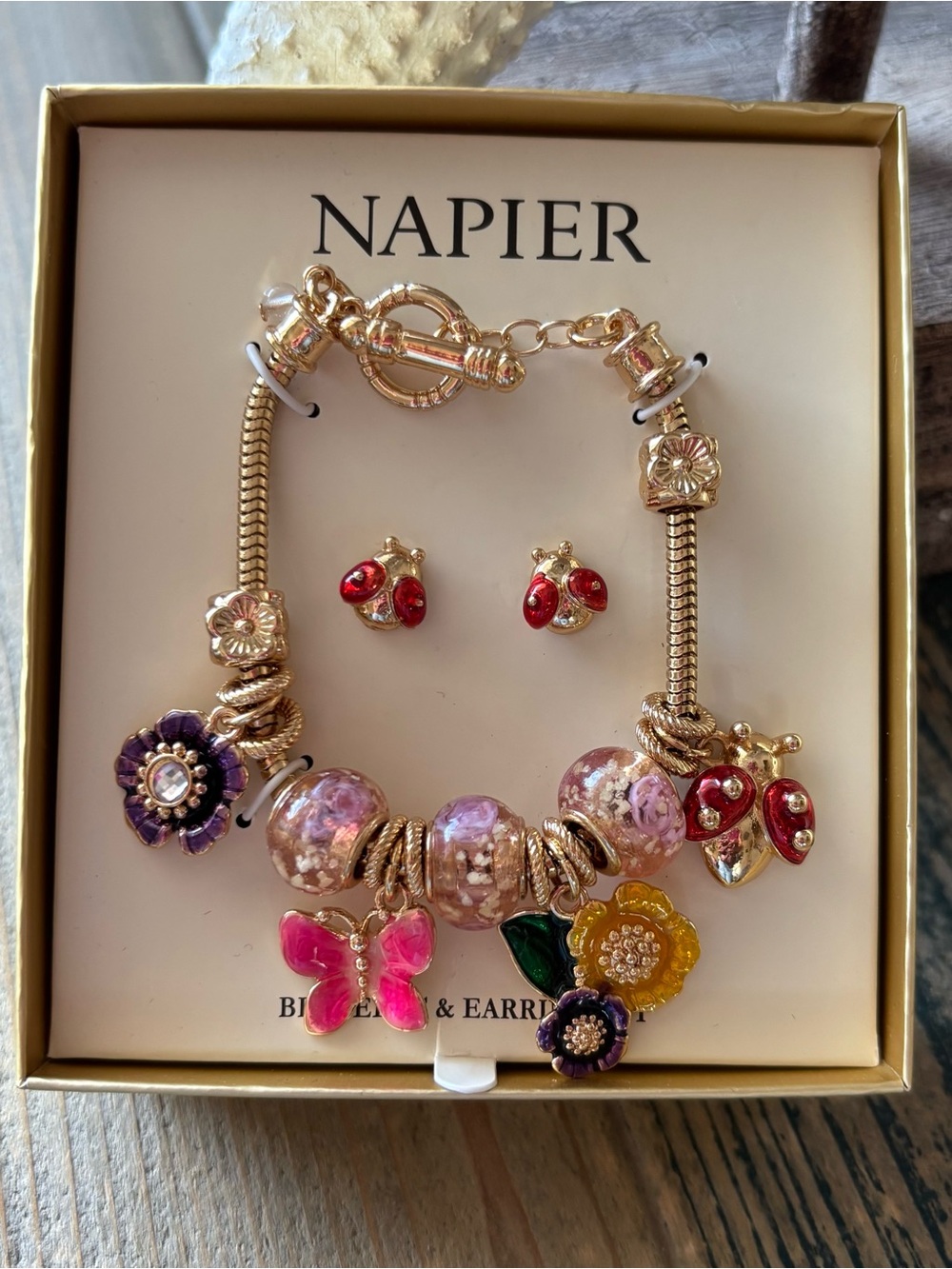 Napier Gold-Tone Floral Charm Bracelet and Earring Set - Picture 3 of 4